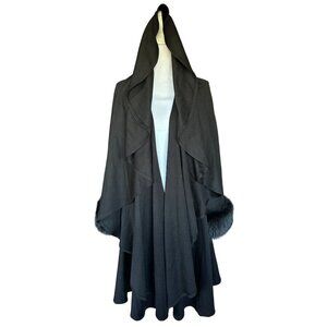 Angel Design by Sabri Ozel Cape Sweater Coat Black Wool Blend Faux Fur Trim